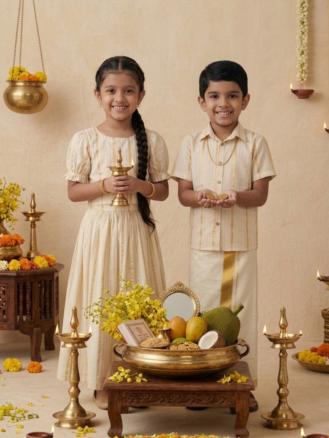 Ethnic Set - Kasavu Classic Boys Shirt with Velcro Dhoti & Girls Skirt Set - Twinning Combo
