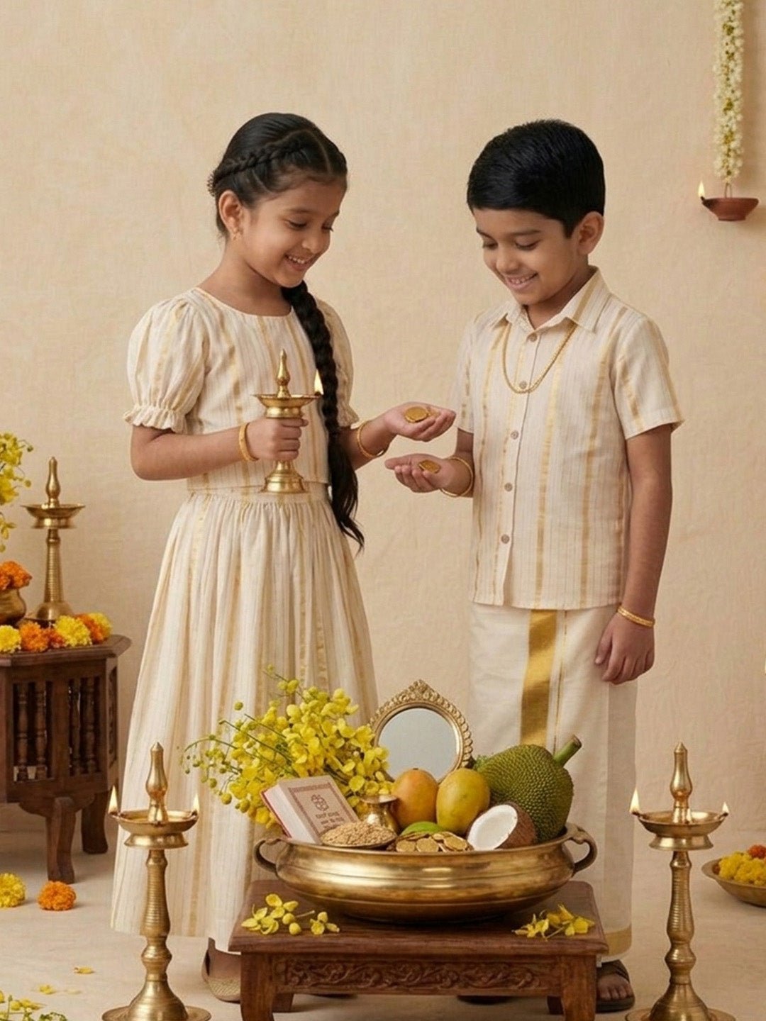 Ethnic Set - Kasavu Classic Boys Shirt with Velcro Dhoti & Girls Skirt Set - Twinning Combo