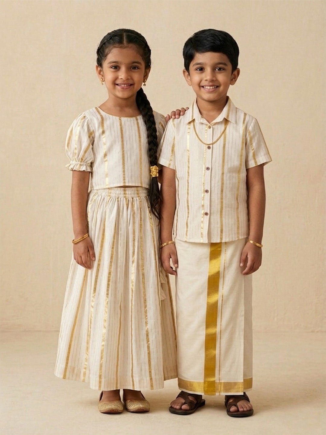 Ethnic Set - Kasavu Classic Boys Shirt with Velcro Dhoti & Girls Skirt Set - Twinning Combo