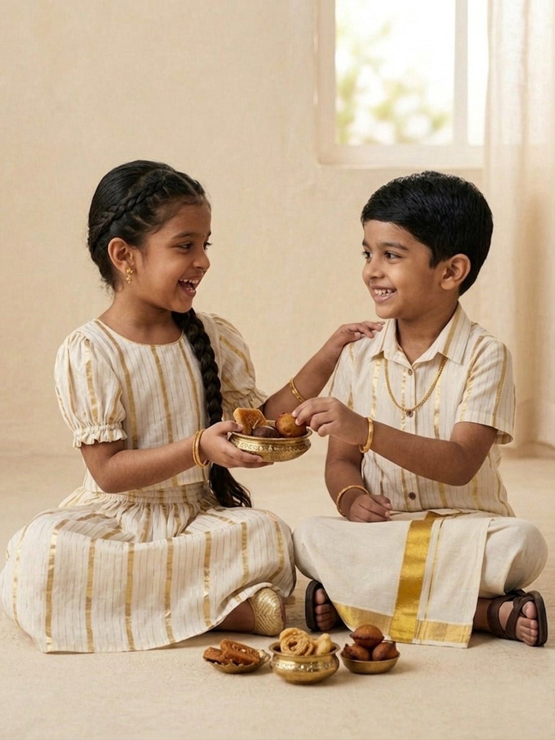 Ethnic Set - Kasavu Classic Boys Shirt with Velcro Dhoti & Girls Skirt Set - Twinning Combo