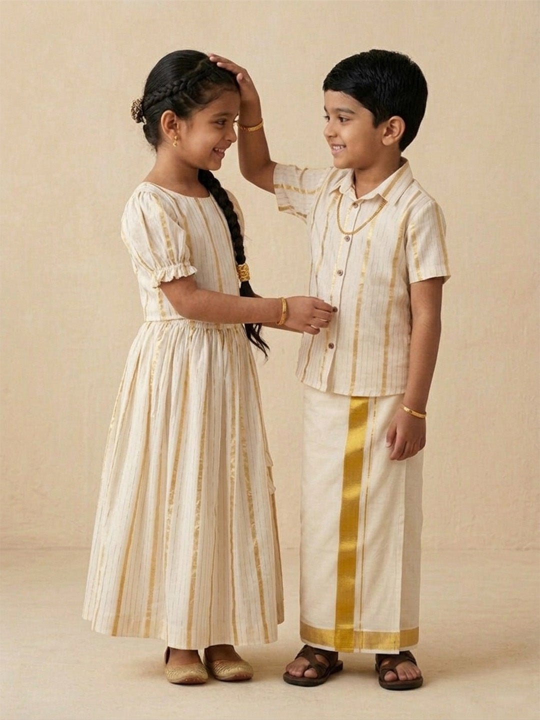 Ethnic Set - Kasavu Classic Boys Shirt with Velcro Dhoti & Girls Skirt Set - Twinning Combo