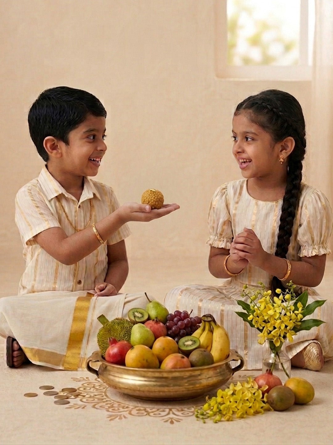 Ethnic Set - Kasavu Classic Boys Shirt with Velcro Dhoti & Girls Skirt Set - Twinning Combo