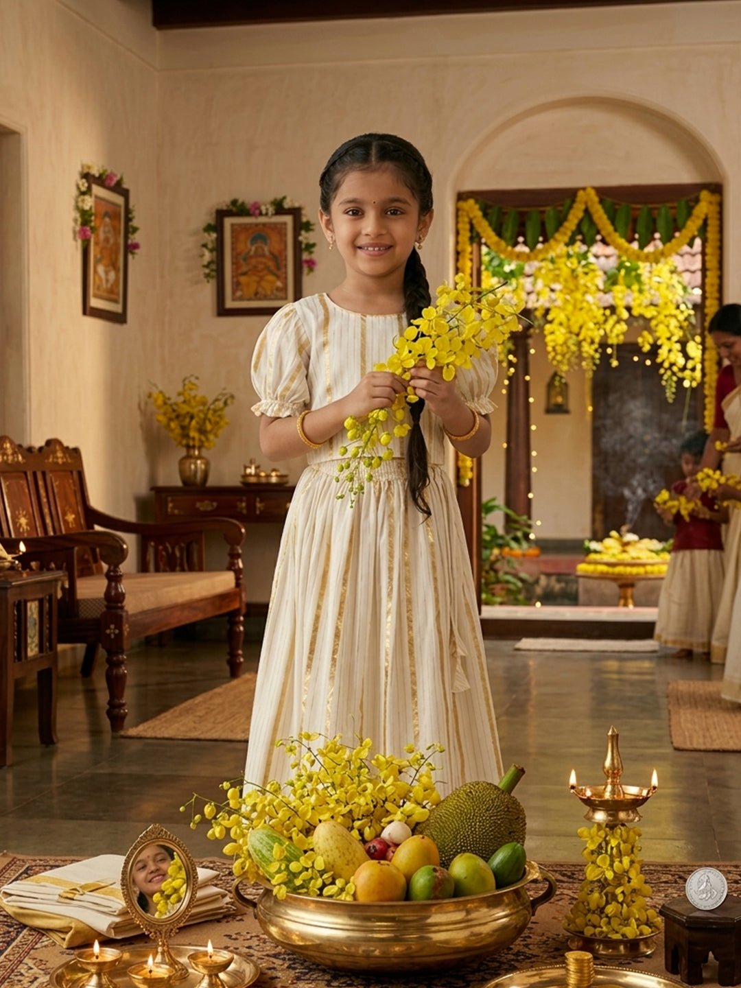 Ethnic Set - Kasavu Classic Boys Shirt with Velcro Dhoti & Girls Skirt Set - Twinning Combo