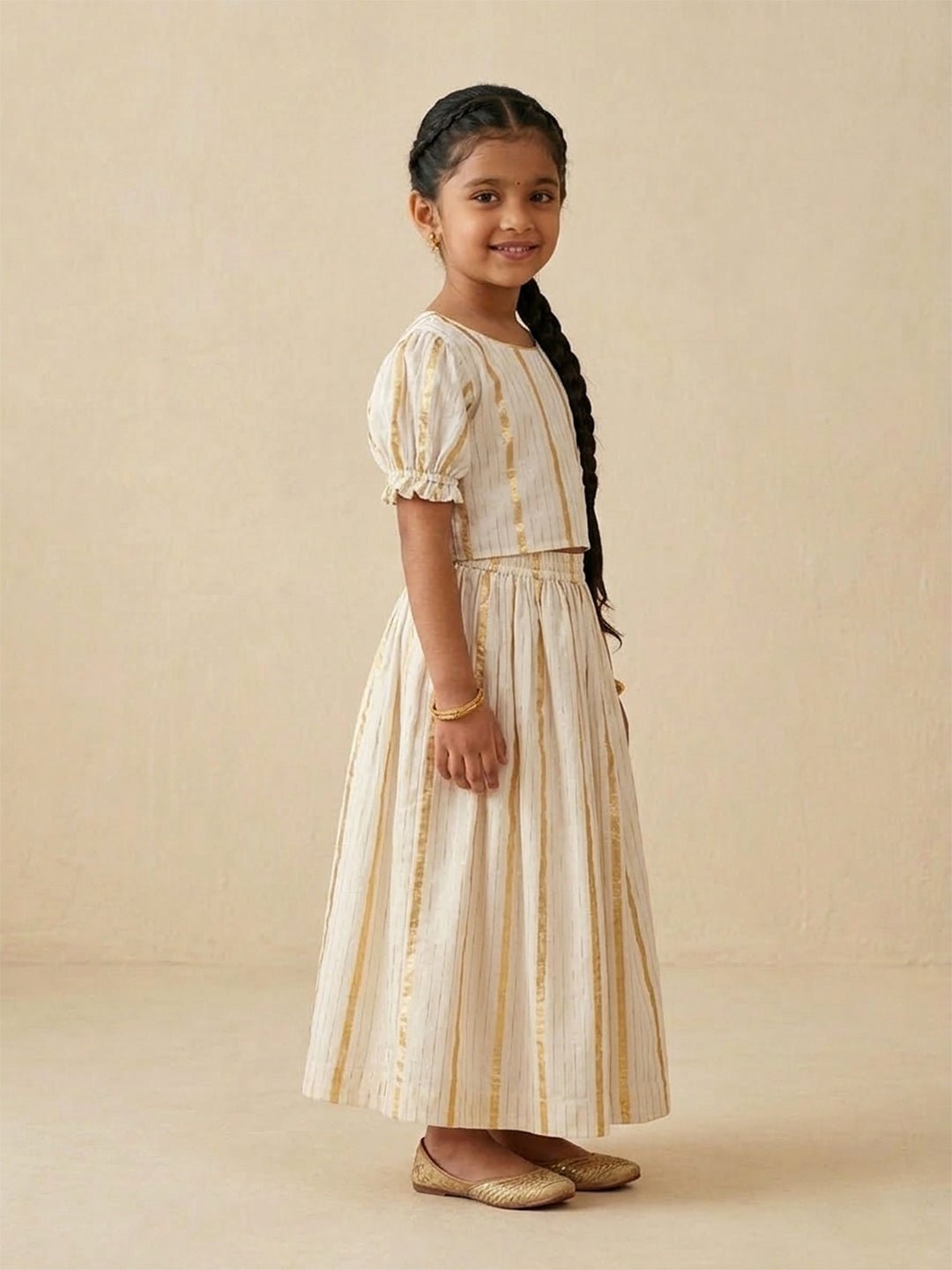 Ethnic Set - Kasavu Classic Boys Shirt with Velcro Dhoti & Girls Skirt Set - Twinning Combo