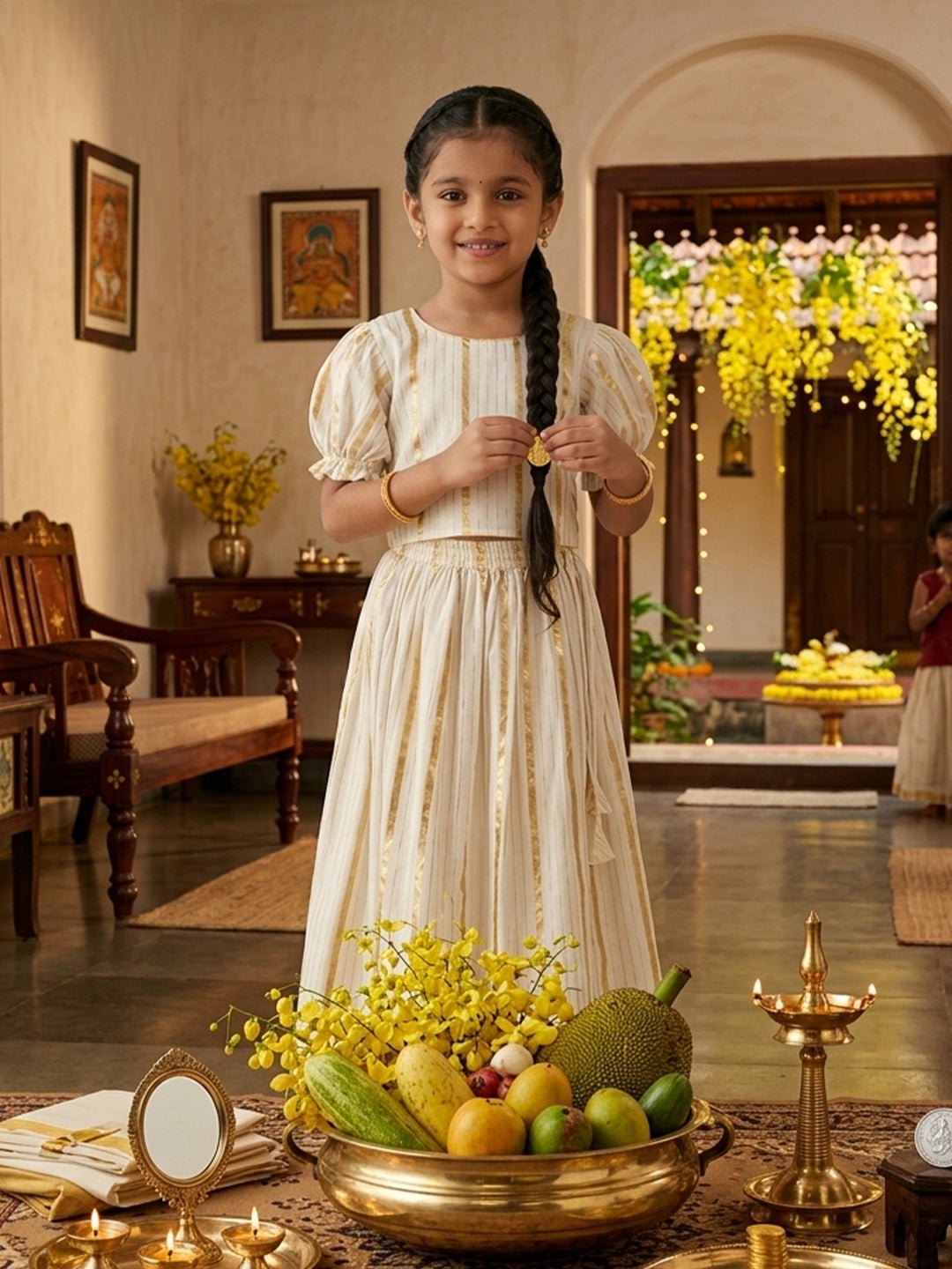 Ethnic Set - Kasavu Classic Boys Shirt with Velcro Dhoti & Girls Skirt Set - Twinning Combo