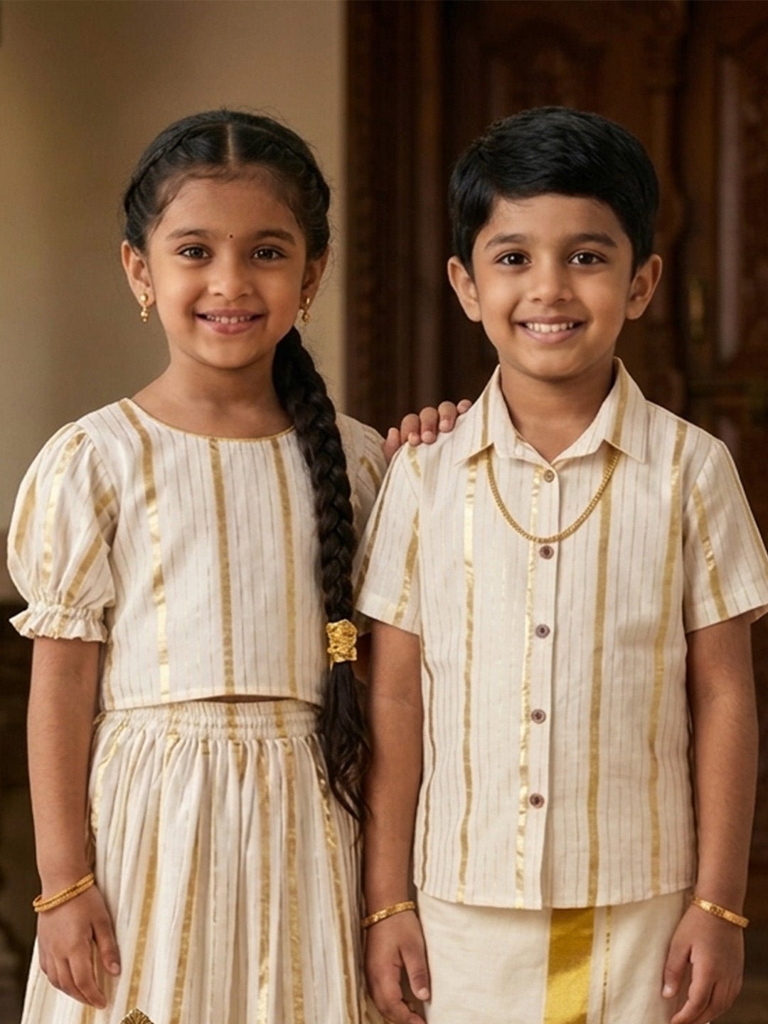 Ethnic Set - Kasavu Classic Boys Shirt with Velcro Dhoti & Girls Skirt Set - Twinning Combo