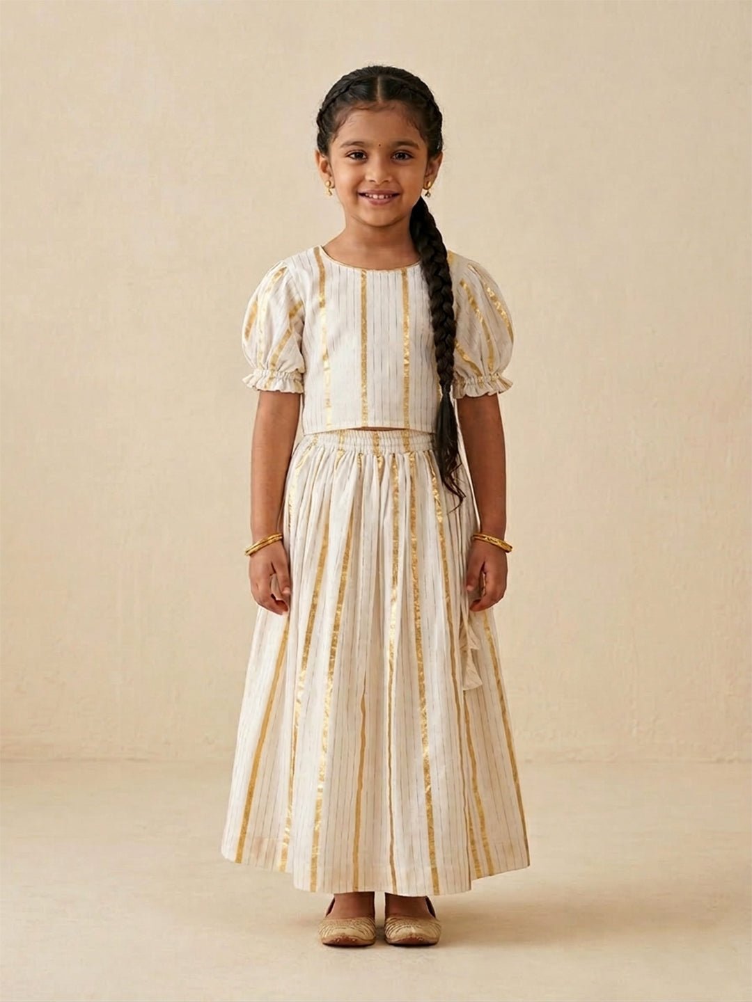 Ethnic Set - Kasavu Classic Boys Shirt with Velcro Dhoti & Girls Skirt Set - Twinning Combo