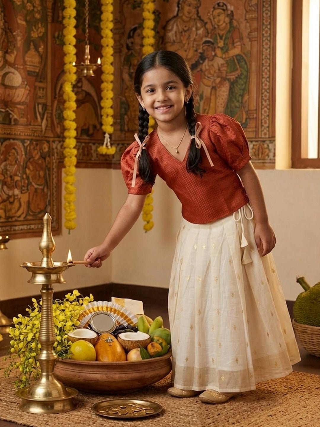 Ethnic Set - Kasavu Surya Boys Kurta Pajama Set & Girls Skirt Set - Twinning Combo