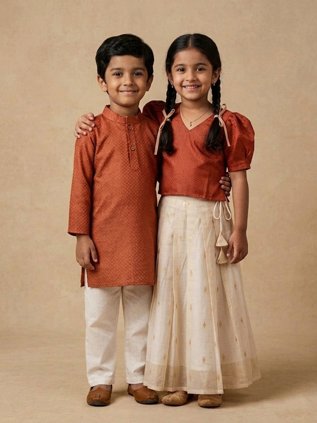 Ethnic Set - Kasavu Surya Boys Kurta Pajama Set & Girls Skirt Set - Twinning Combo
