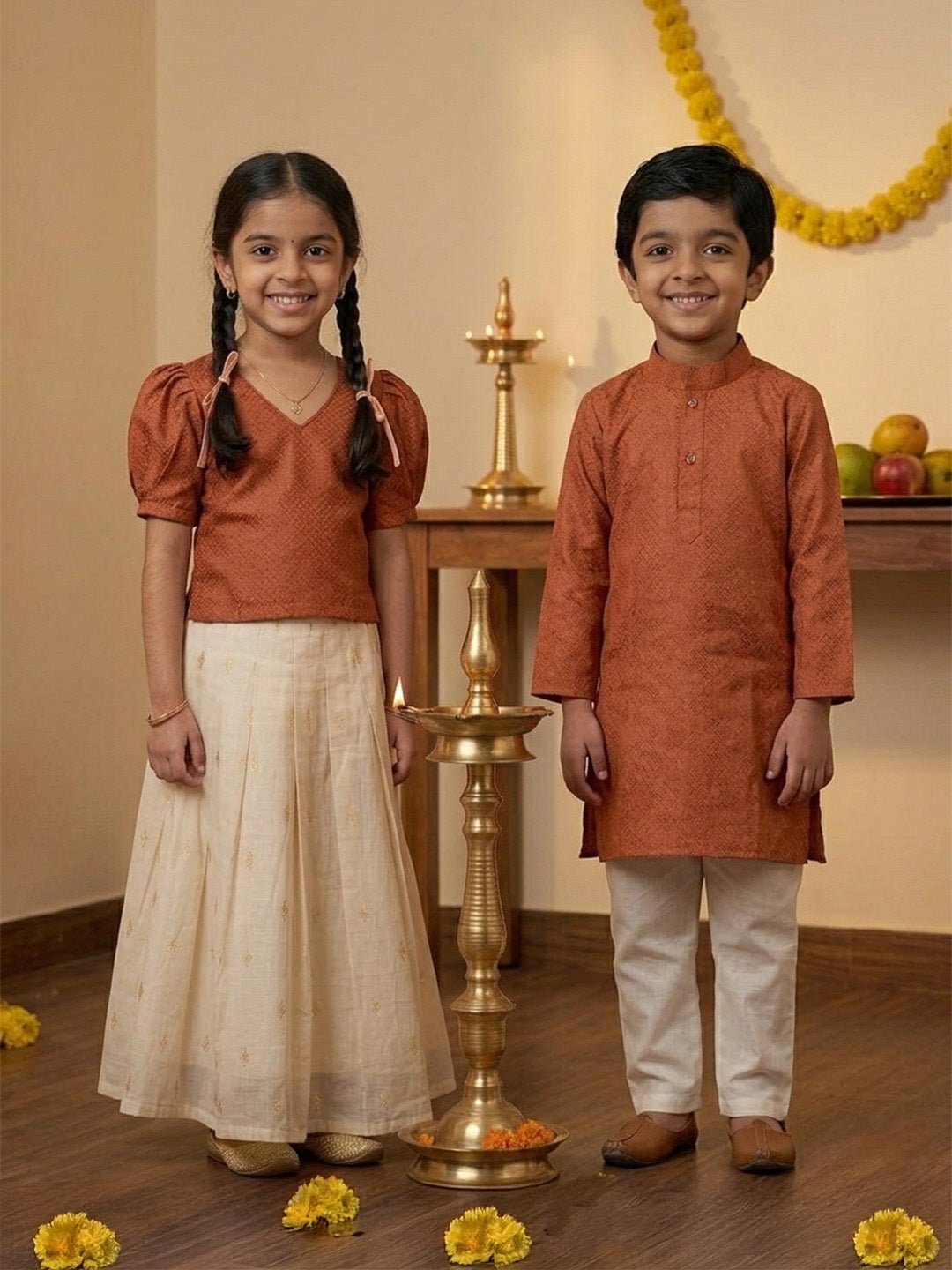 Ethnic Set - Kasavu Surya Boys Kurta Pajama Set & Girls Skirt Set - Twinning Combo