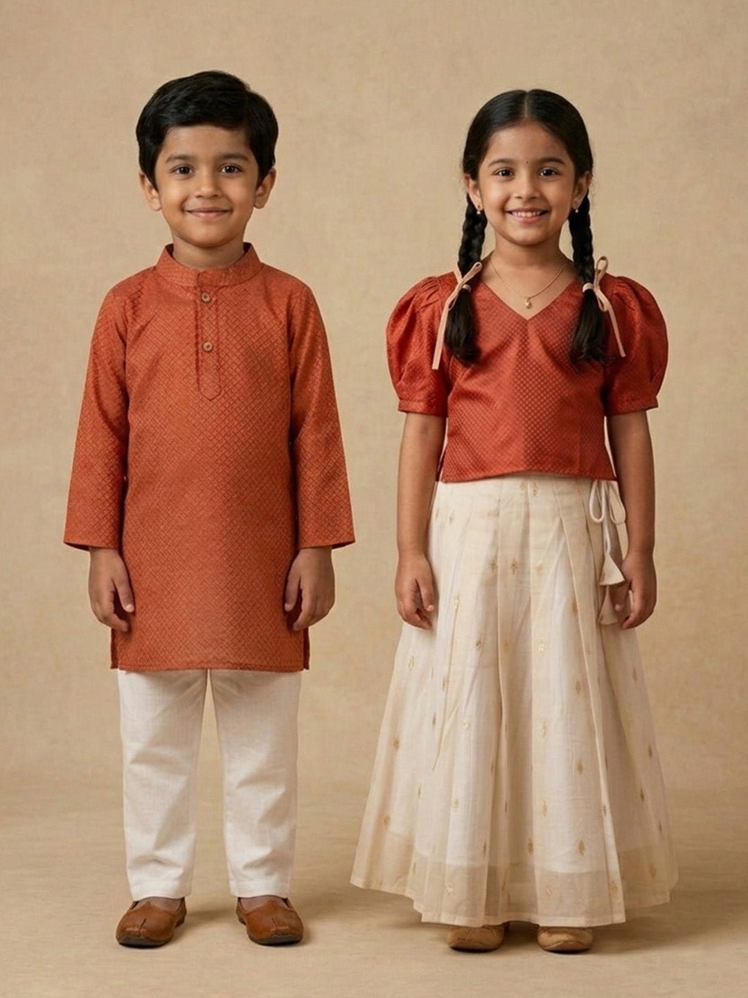 Ethnic Set - Kasavu Surya Boys Kurta Pajama Set & Girls Skirt Set - Twinning Combo