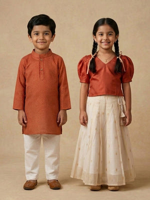 Ethnic Set - Kasavu Surya Boys Kurta Pajama Set & Girls Skirt Set - Twinning Combo