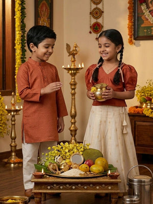 Ethnic Set - Kasavu Surya Boys Kurta Pajama Set & Girls Skirt Set - Twinning Combo