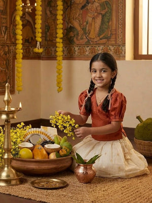 Ethnic Set - Kasavu Surya Boys Kurta Pajama Set & Girls Skirt Set - Twinning Combo