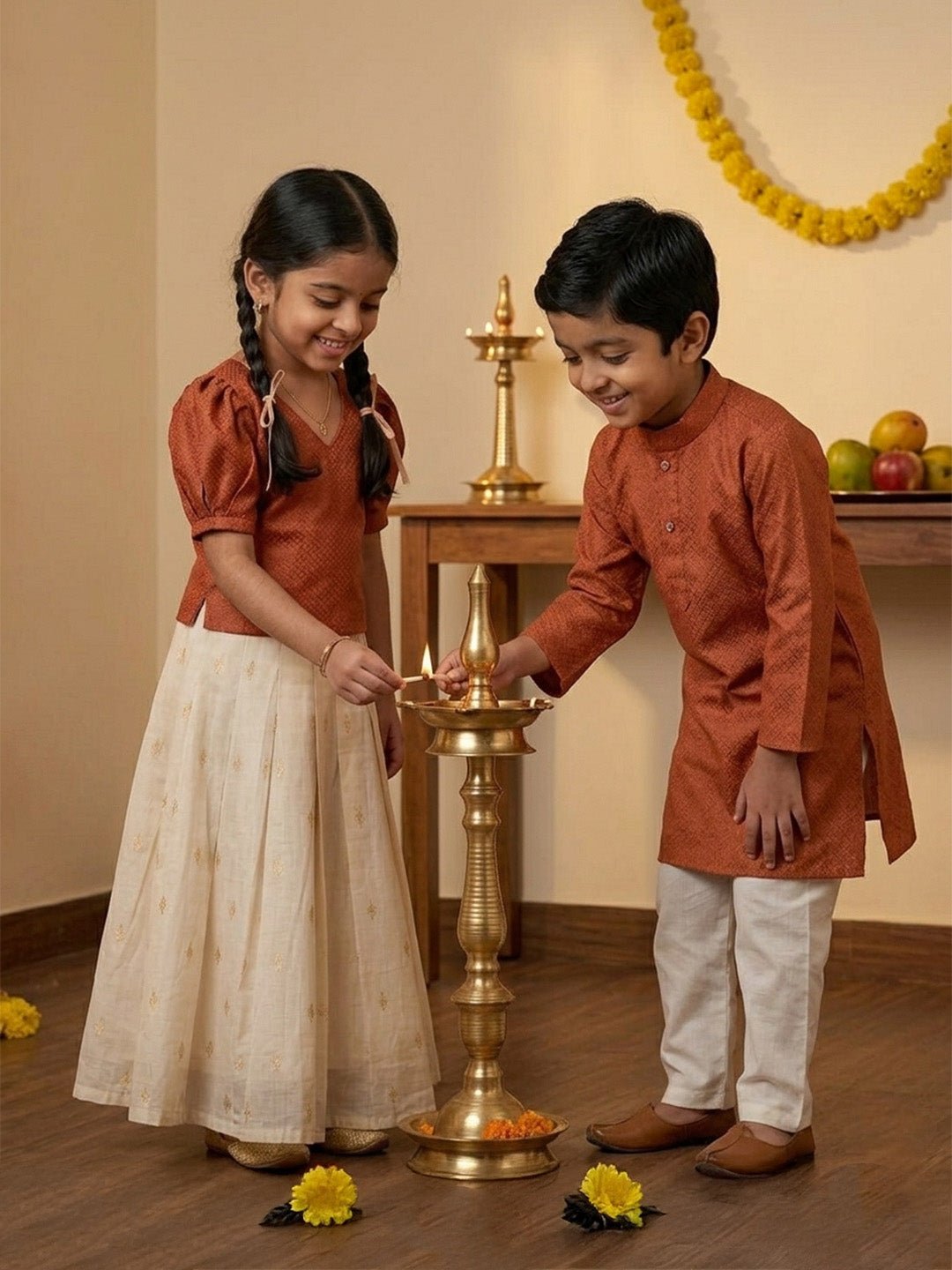 Ethnic Set - Kasavu Surya Boys Kurta Pajama Set & Girls Skirt Set - Twinning Combo