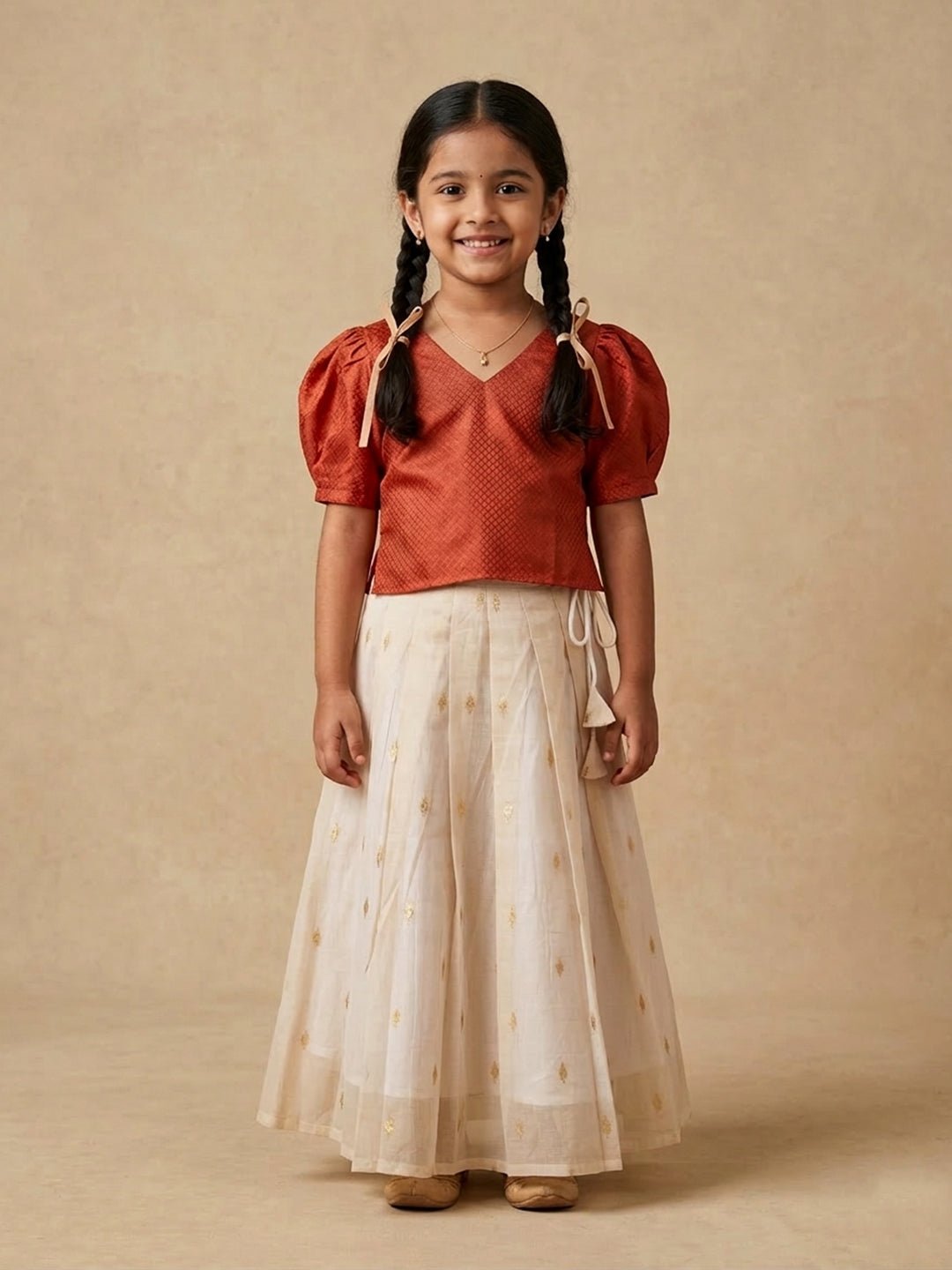 Ethnic Set - Kasavu Surya Boys Kurta Pajama Set & Girls Skirt Set - Twinning Combo