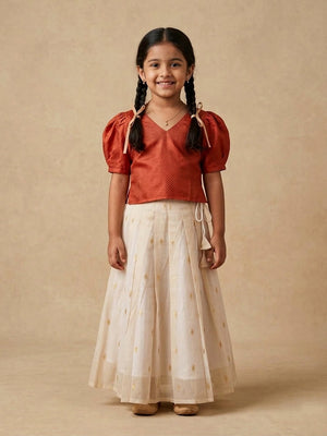 Ethnic Set - Kasavu Surya Boys Kurta Pajama Set & Girls Skirt Set - Twinning Combo