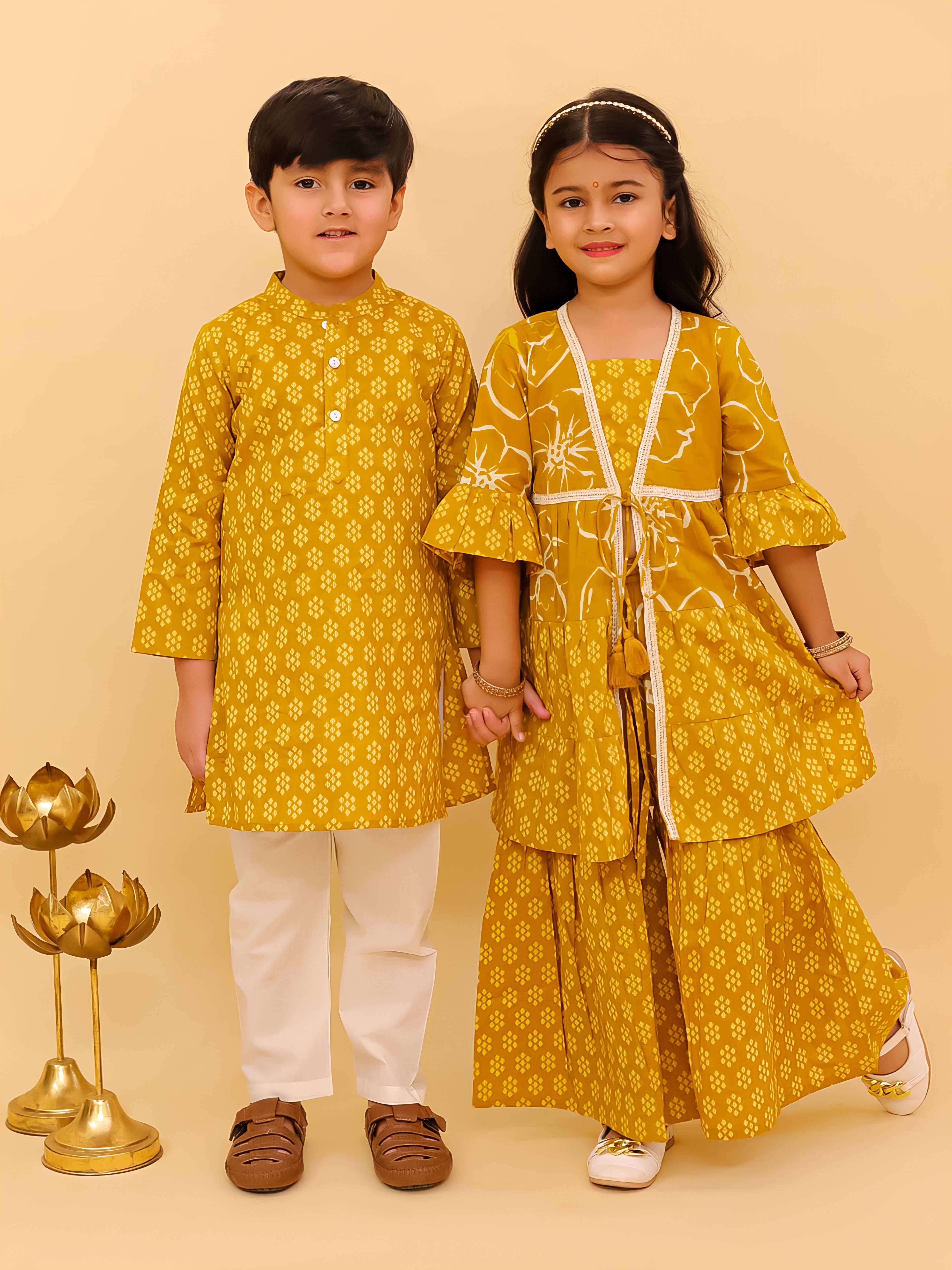 Ethnic Set - Mango Sorbet Boys Kurta Pajama and Girls Anarkali Set - KES - MSBKGAS
