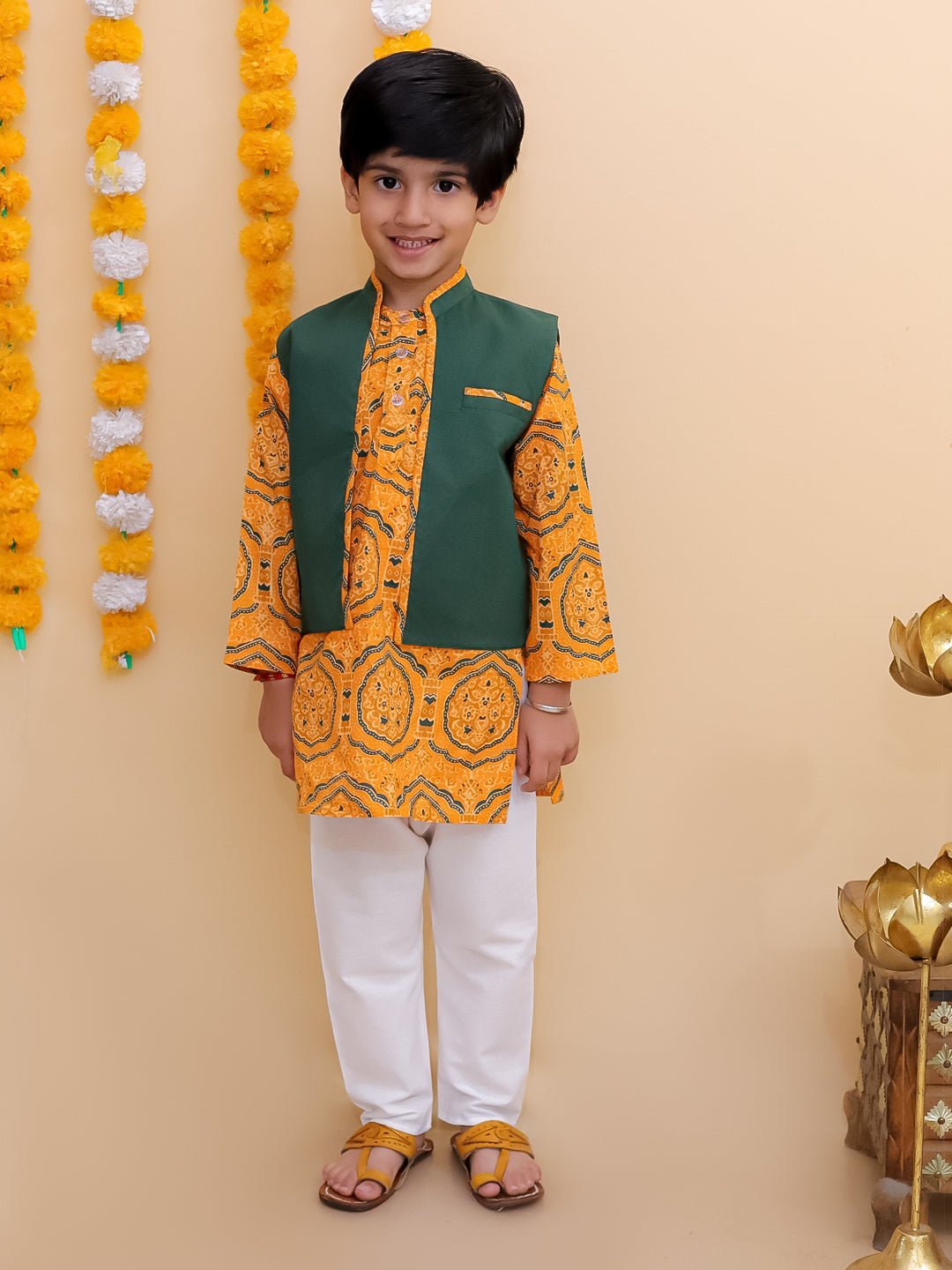 Ethnic Set - Marigold Mosaic Girls Anarkali Sharara Set with Boys Jacket And Kurta Pajama Set - KES2 - MGMFABJ