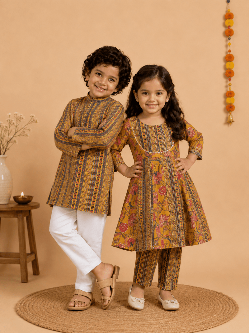 Ethnic Set - Marigold Petals Floral Print Boys Jacket & Kurta Pajama Set & Girls Anarkali Kurta Set