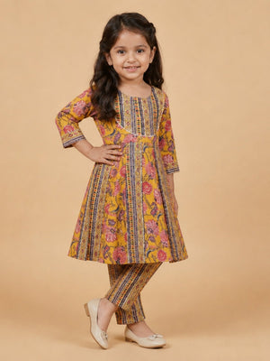 Ethnic Set - Marigold Petals Floral Print Boys Jacket & Kurta Pajama Set & Girls Anarkali Kurta Set - Twinning Combo