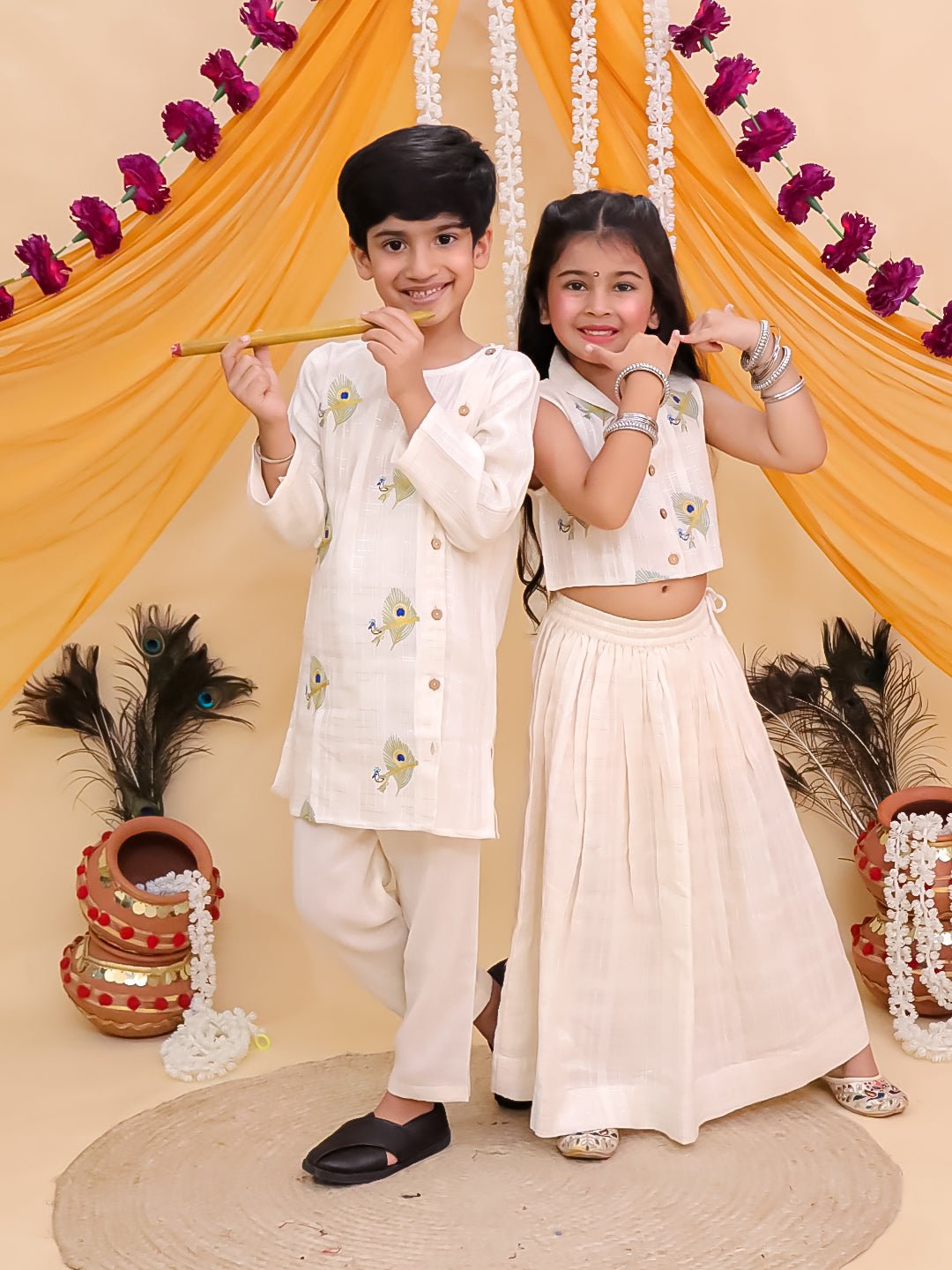 Ethnic Set - Mayur Dhaga Girls Lehenga Set and The Mor Edit Boys Kurta Set - KES - BK - DGLTBK