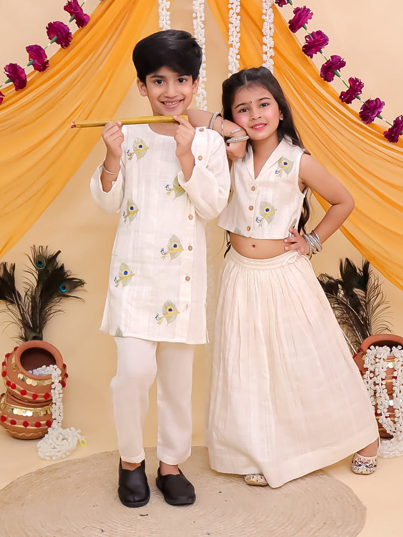 Ethnic Combo-Mayur Dhaga Girls Lehenga Set and The Mor Edit Boys Kurta Set