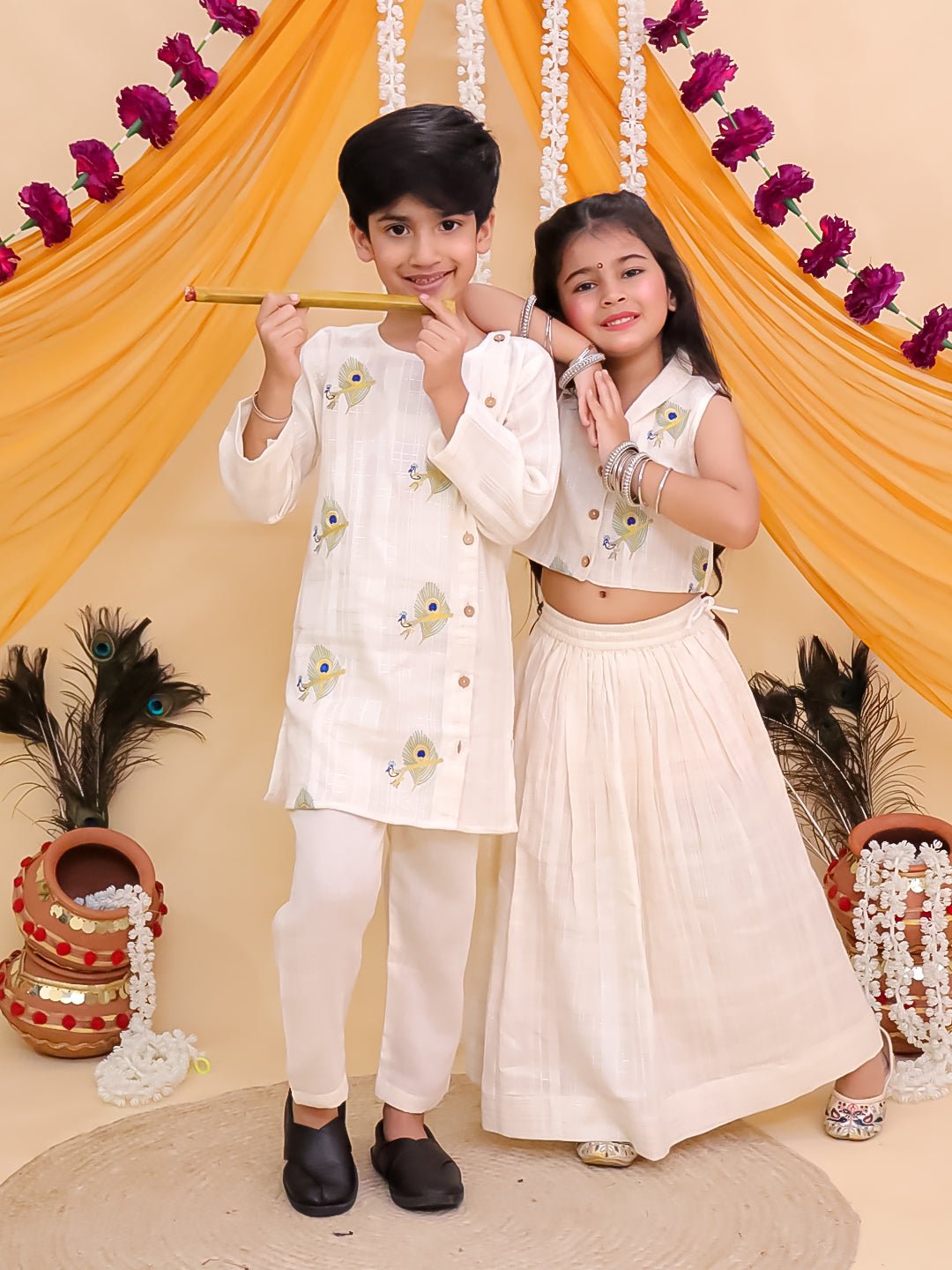 Ethnic Set - Mayur Dhaga Girls Lehenga Set and The Mor Edit Boys Kurta Set - KES - BK - DGLTBK