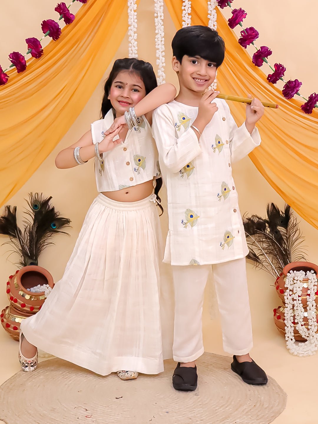 Ethnic Set - Mayur Dhaga Girls Lehenga Set and The Mor Edit Boys Kurta Set - KES - BK - DGLTBK