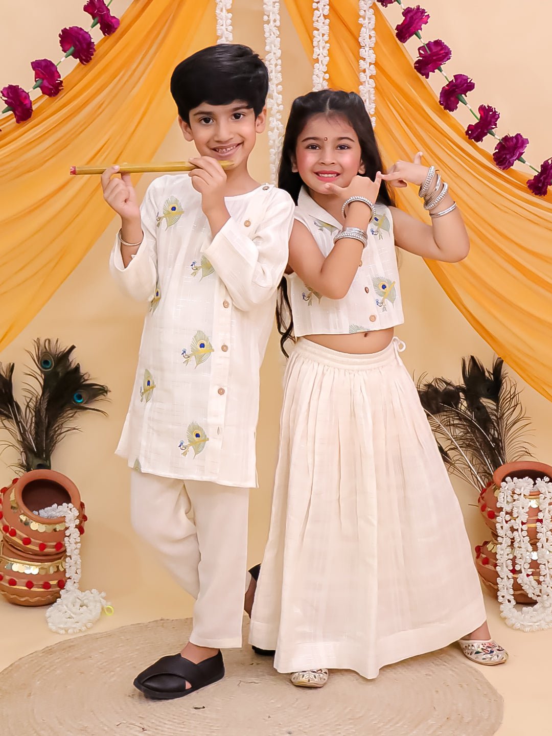 Ethnic Set - Mayur Dhaga Girls Lehenga Set and The Mor Edit Boys Kurta Set - KES - BK - DGLTBK