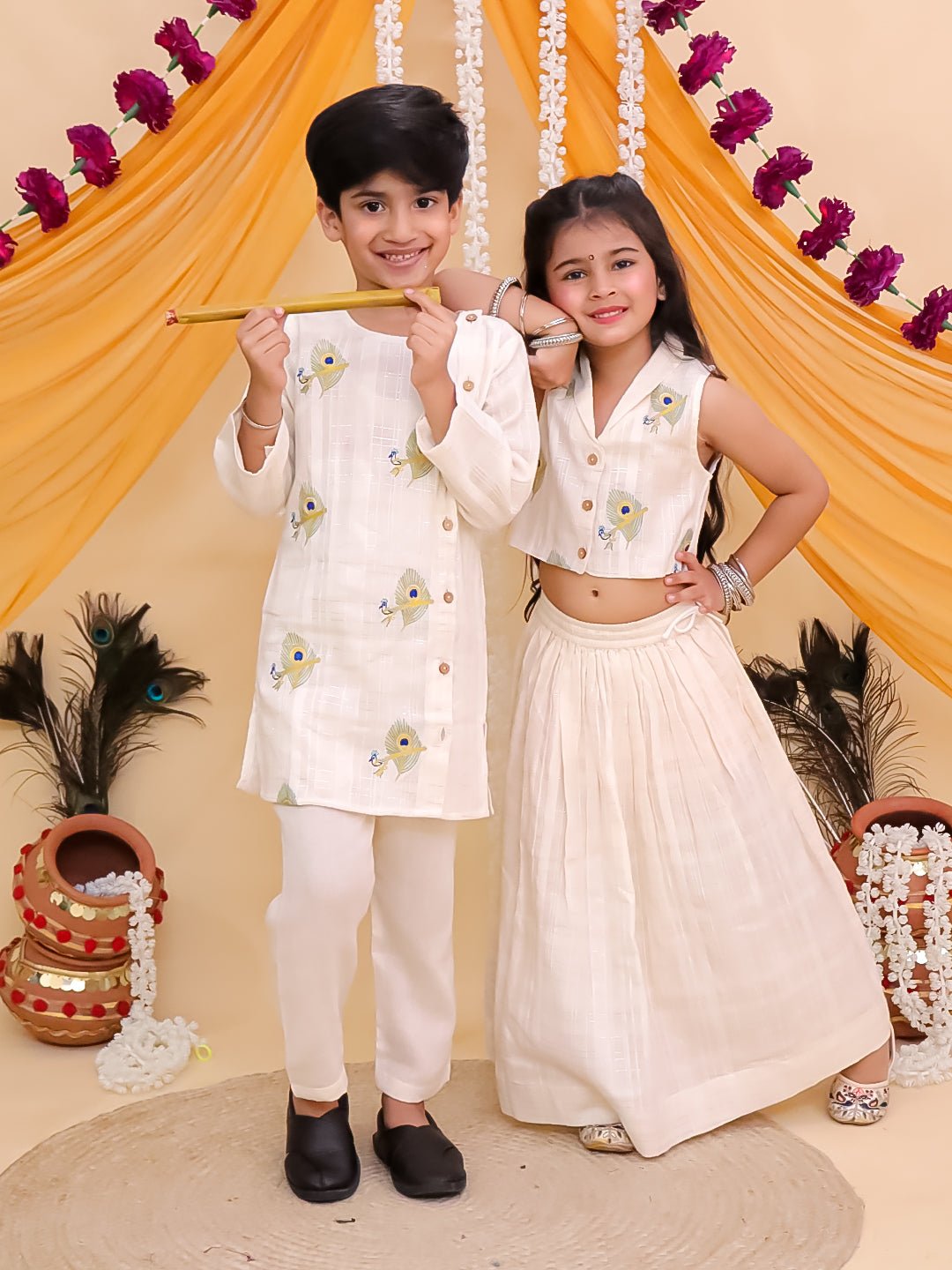 Ethnic Set - Mayur Dhaga Girls Lehenga Set and The Mor Edit Boys Kurta Set - KES - BK - DGLTBK