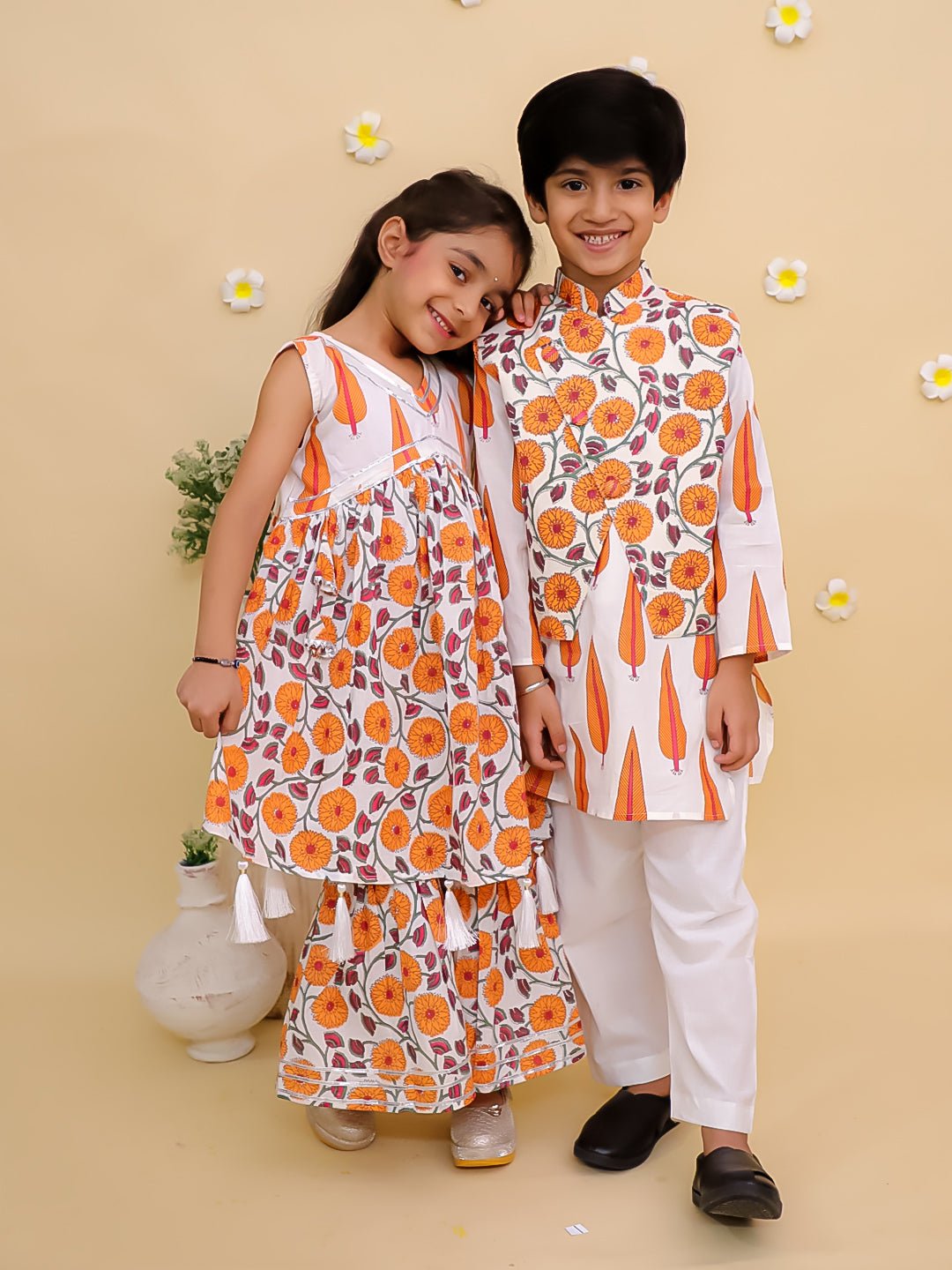 Ethnic Set - Narangi Girls Anarkali Kurta Sharara Set and Boys Jacket And Kurta Pajama Set - KES2 - NRNGSBJ