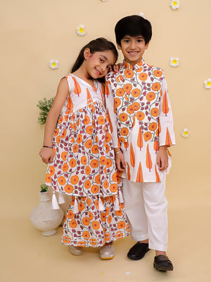 Ethnic Set - Narangi Girls Anarkali Kurta Sharara Set and Boys Jacket And Kurta Pajama Set - KES2 - NRNGSBJ