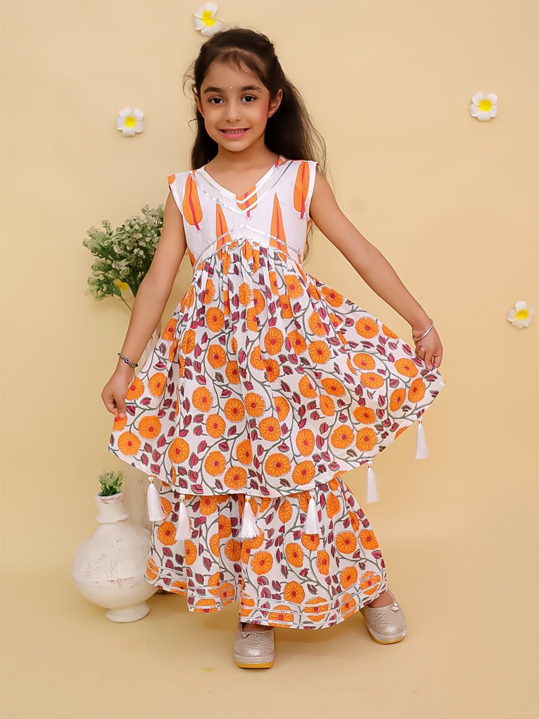 Ethnic Set - Narangi Girls Anarkali Kurta Sharara Set and Boys Jacket And Kurta Pajama Set - KES2 - NRNGSBJ