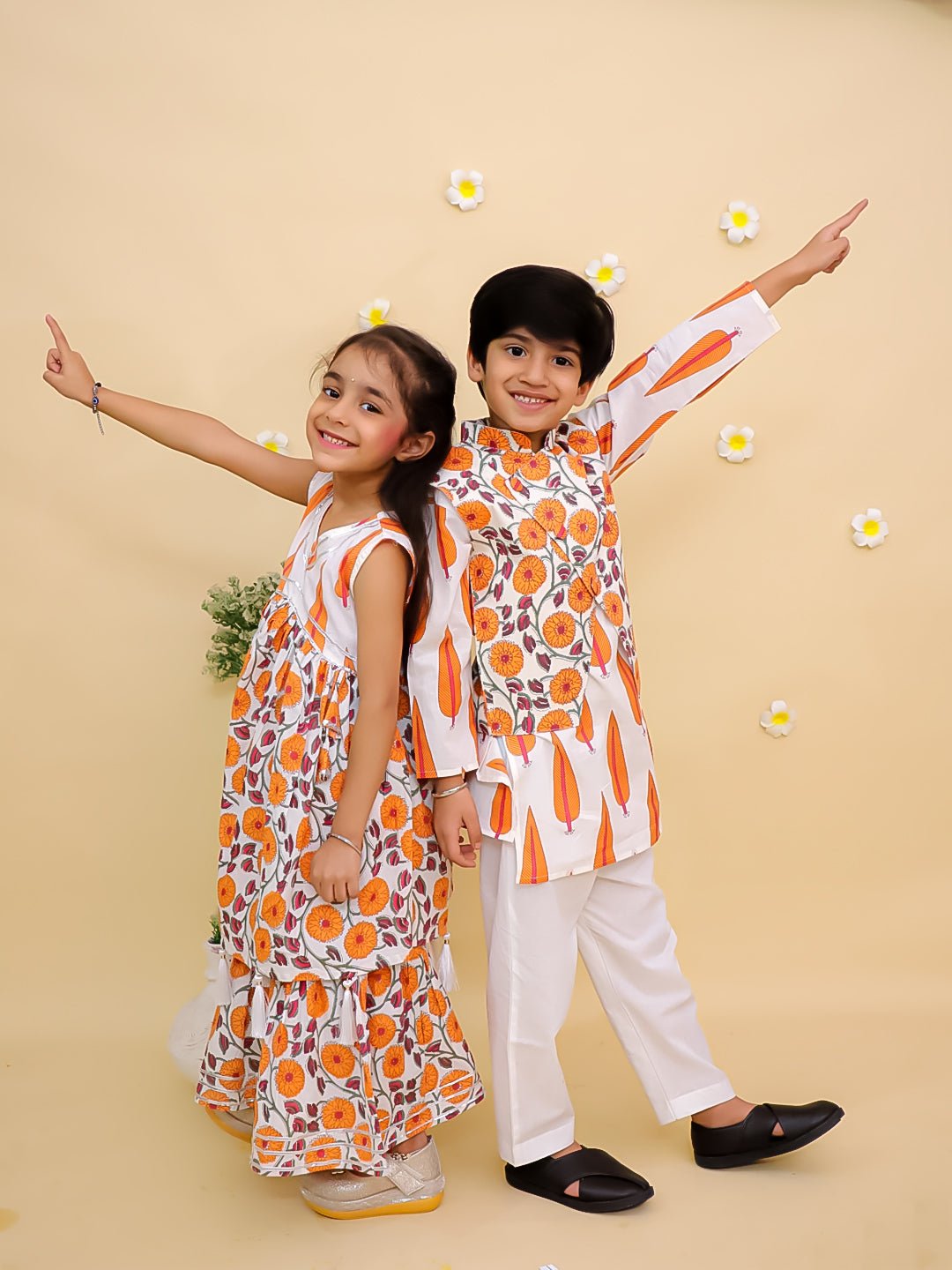 Ethnic Set - Narangi Girls Anarkali Kurta Sharara Set and Boys Jacket And Kurta Pajama Set - KES2 - NRNGSBJ