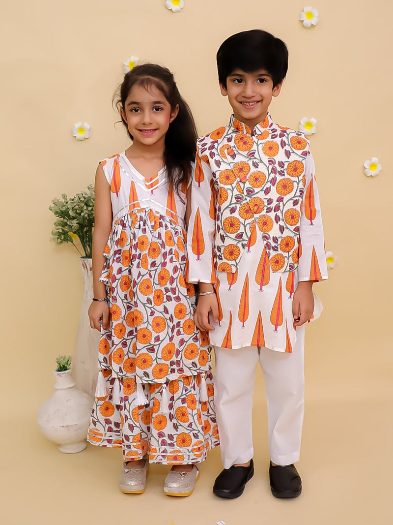 Ethnic Set-Narangi Girls Anarkali Kurta Sharara Set with Boys Jacket And Kurta Pajama Set