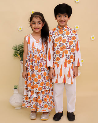 Ethnic Set - Narangi Girls Anarkali Kurta Sharara Set and Boys Jacket And Kurta Pajama Set - Twinning Combo