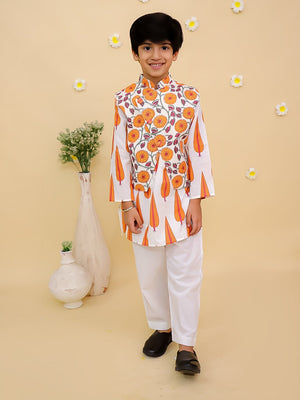 Ethnic Set-Narangi Girls Anarkali Kurta Sharara Set with Boys Jacket And Kurta Pajama Set - Twinning Combo