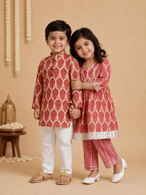 Ethnic Set- Rang Bagh Girls Anarkali Kurta Set with Boys Kurta Pajama Set - Twinning Combo