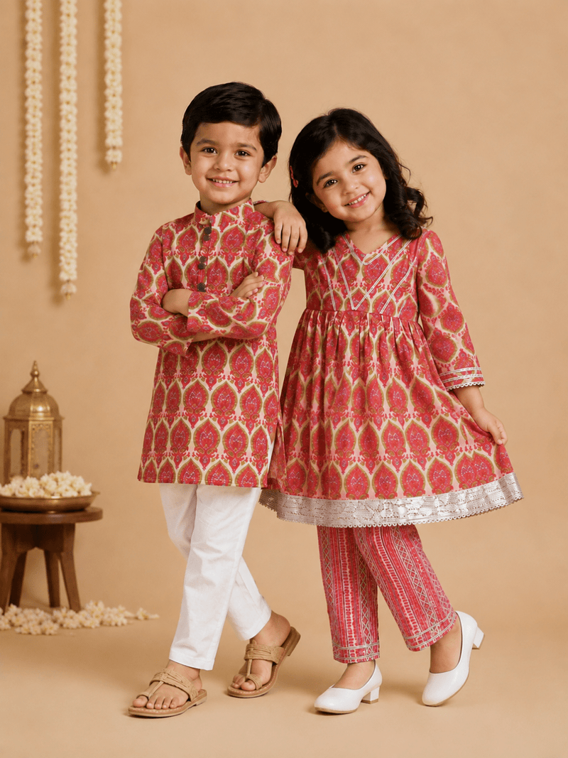 Ethnic Set- Rang Bagh Girls Anarkali Kurta Set with Boys Kurta Pajama Set