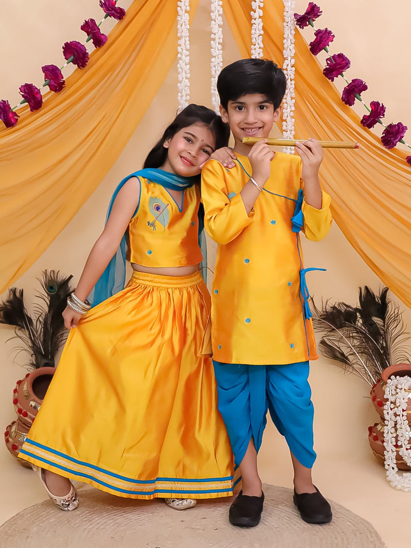 Ethnic Combo-Rang Radha Girls Embroidered Lehenga Set and Vrindavan Vibe Boys Kurta Set