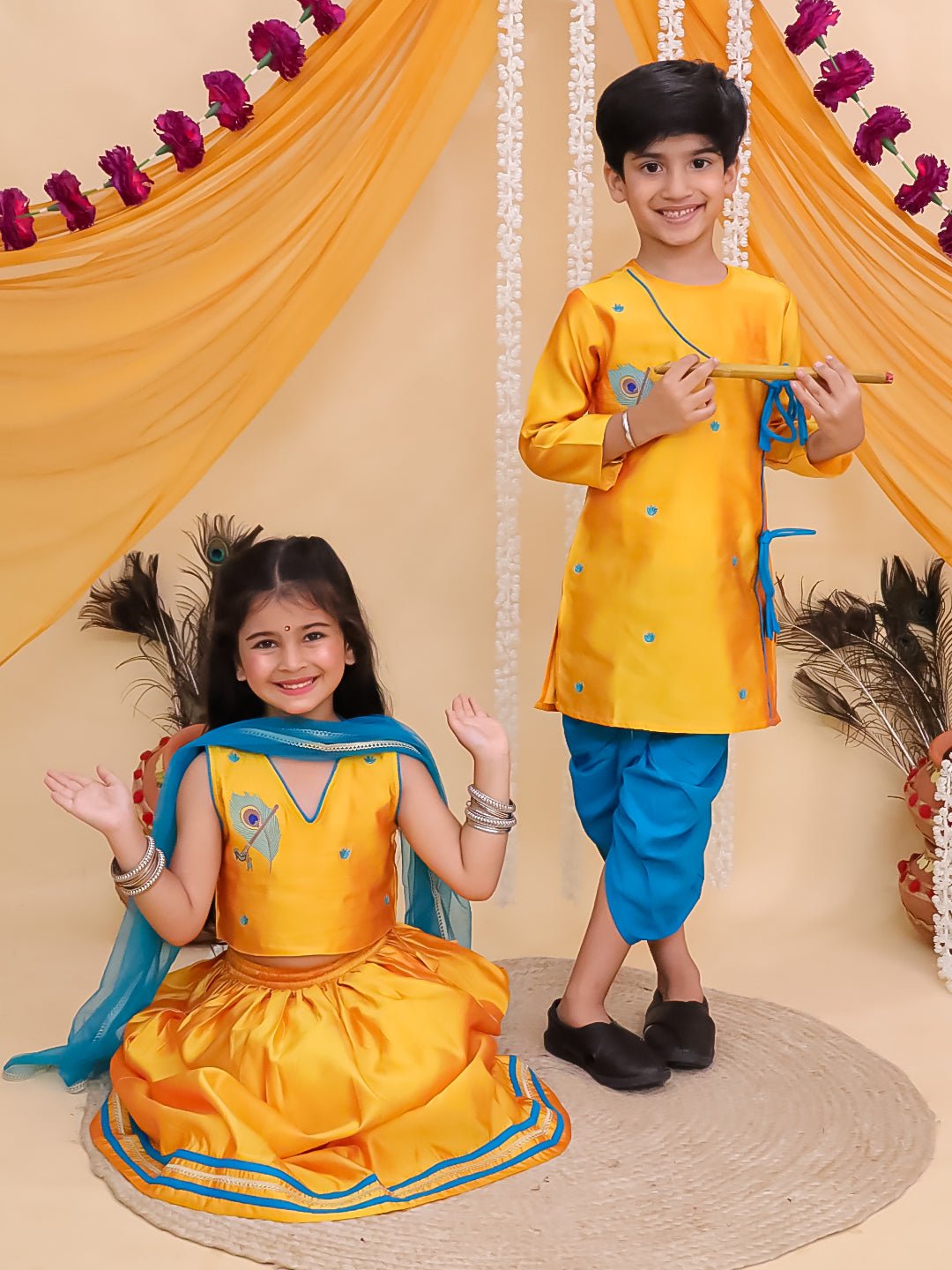 Ethnic Set - Rang Radha Girls Embroidered Lehenga Set and Vrindavan Vibe Boys Kurta Set - KES - BK - RGELVBK