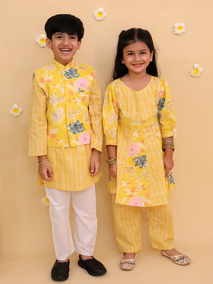 Ethnic Set - Ray of Style Girls Anarkali Sharara Set with Boys Jacket And Kurta Pajama Set - Twinning Combo