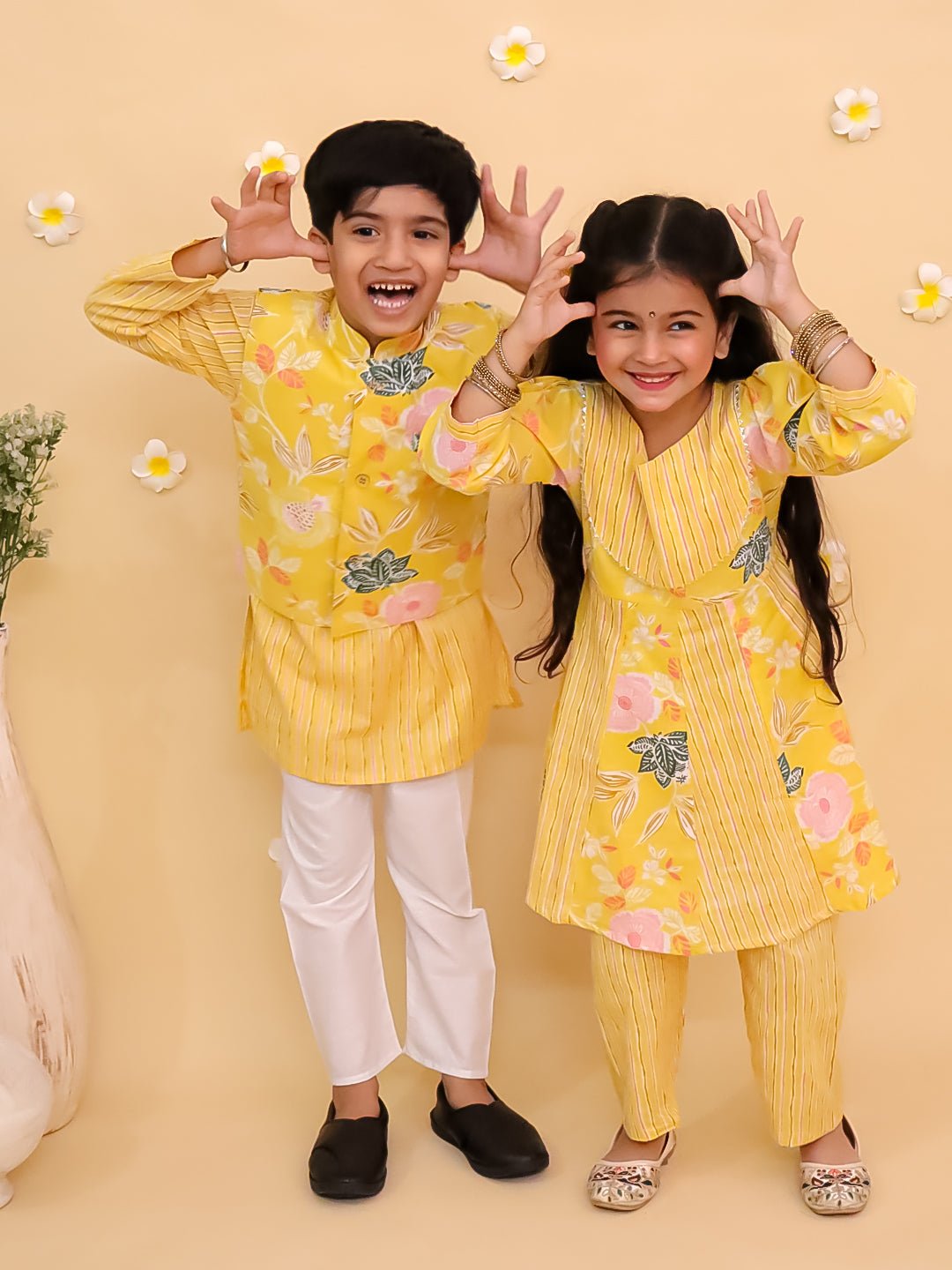 Ethnic Set - Ray of Style Girls Anarkali Sharara Set with Boys Jacket And Kurta Pajama Set - Twinning Combo