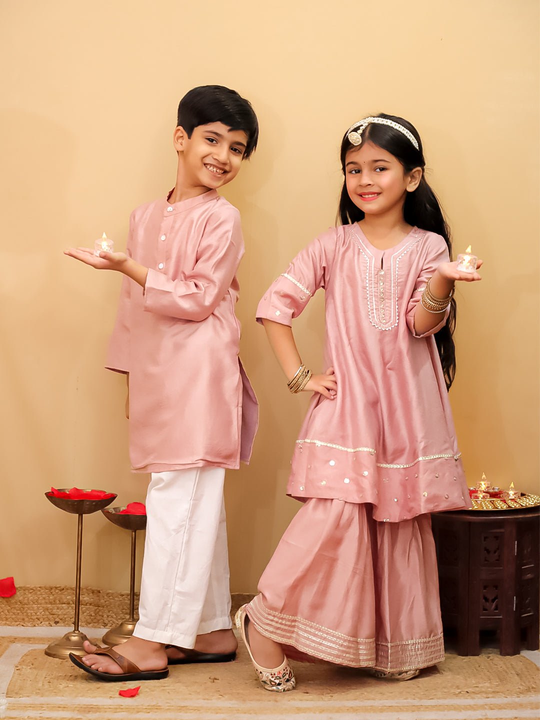 Ethnic Set - Rosé Radiance Boys Silk Kurta Pajama Set with Girls Anarkali Sharara Set - KES2 - RRBRRG