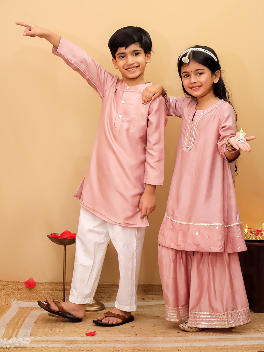 Ethnic Set - Rosé Radiance Boys Silk Kurta Pajama Set with Girls Anarkali Sharara Set - KES2 - RRBRRG