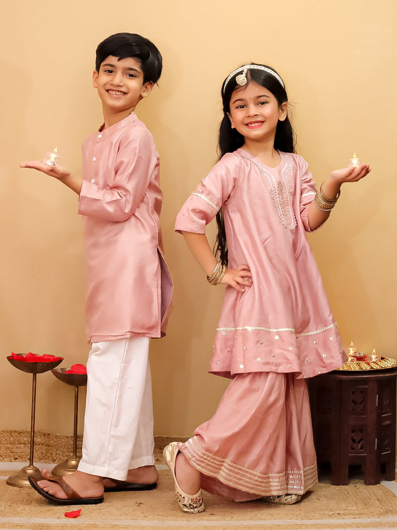 Ethnic Combo - Rosé Radiance Boys Silk Kurta Pajama Set with Girls Anarkali Sharara Set
