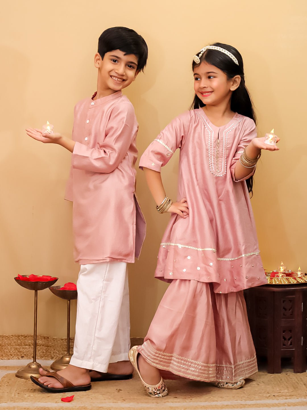 Ethnic Set - Rosé Radiance Boys Silk Kurta Pajama Set with Girls Anarkali Sharara Set - KES2 - RRBRRG