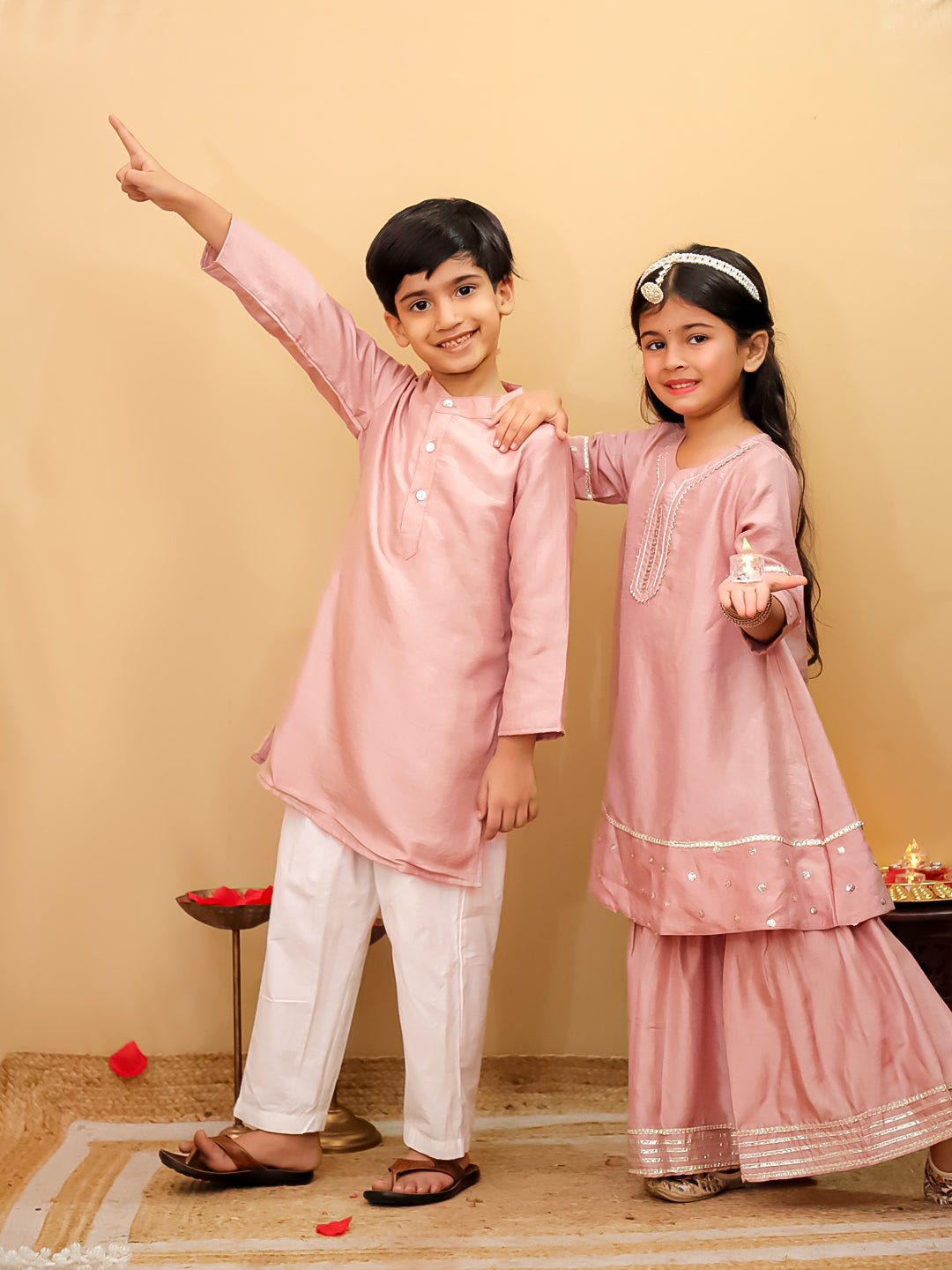 Ethnic Set - Rosé Radiance Boys Silk Kurta Pajama Set with Girls Anarkali Sharara Set - KES2 - RRBRRG