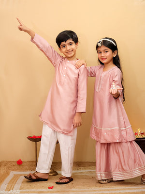 Ethnic Set - Ros√© Radiance Boys Silk Kurta Pajama Set with Girls Anarkali Sharara Set - KES2 - RRBRRG